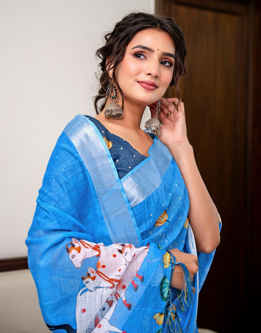 Sky Blue Linen Printed Saree