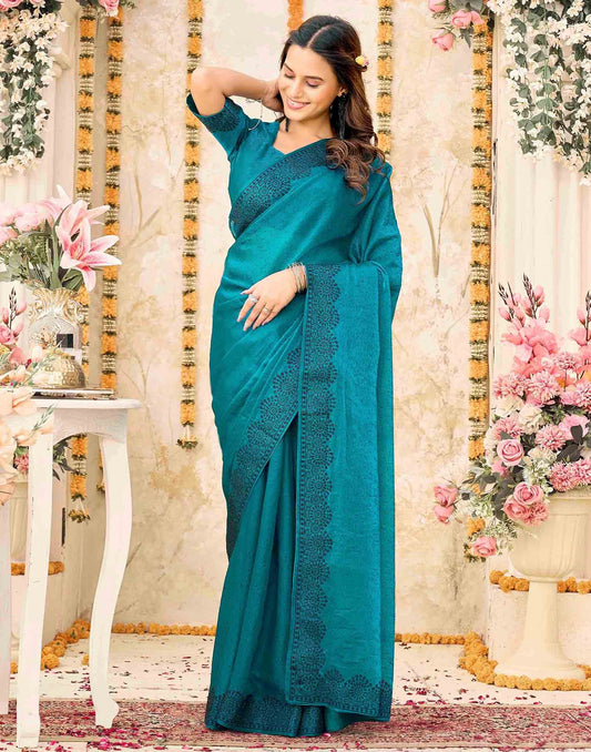Teal Blue Shimmer Stone Work Swarovski  Saree