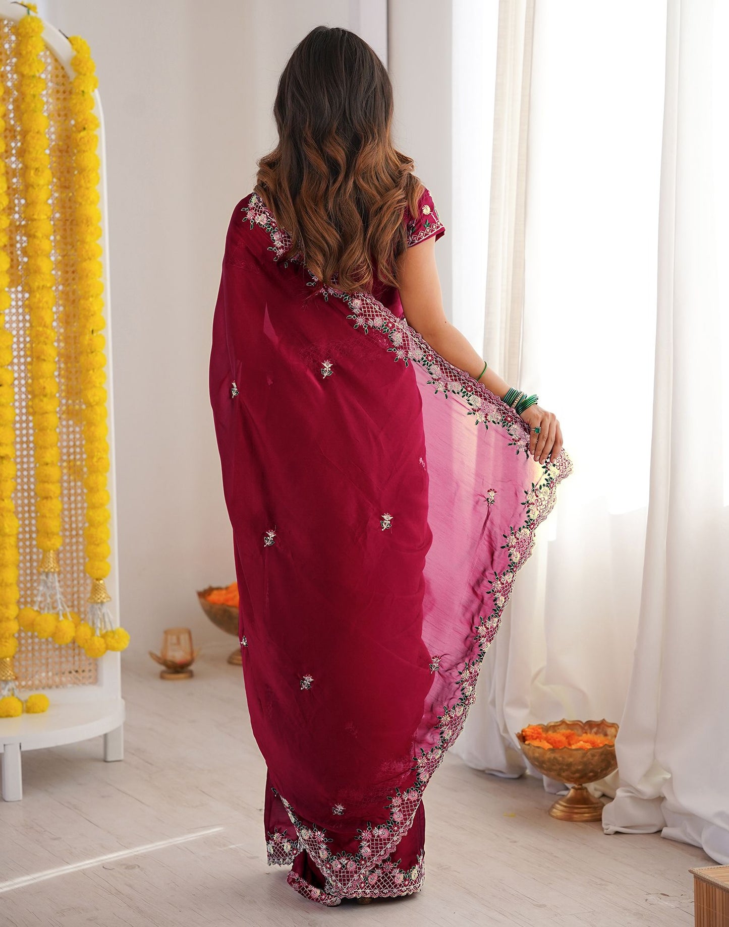 Wine Silk Sequence Embroidery Saree