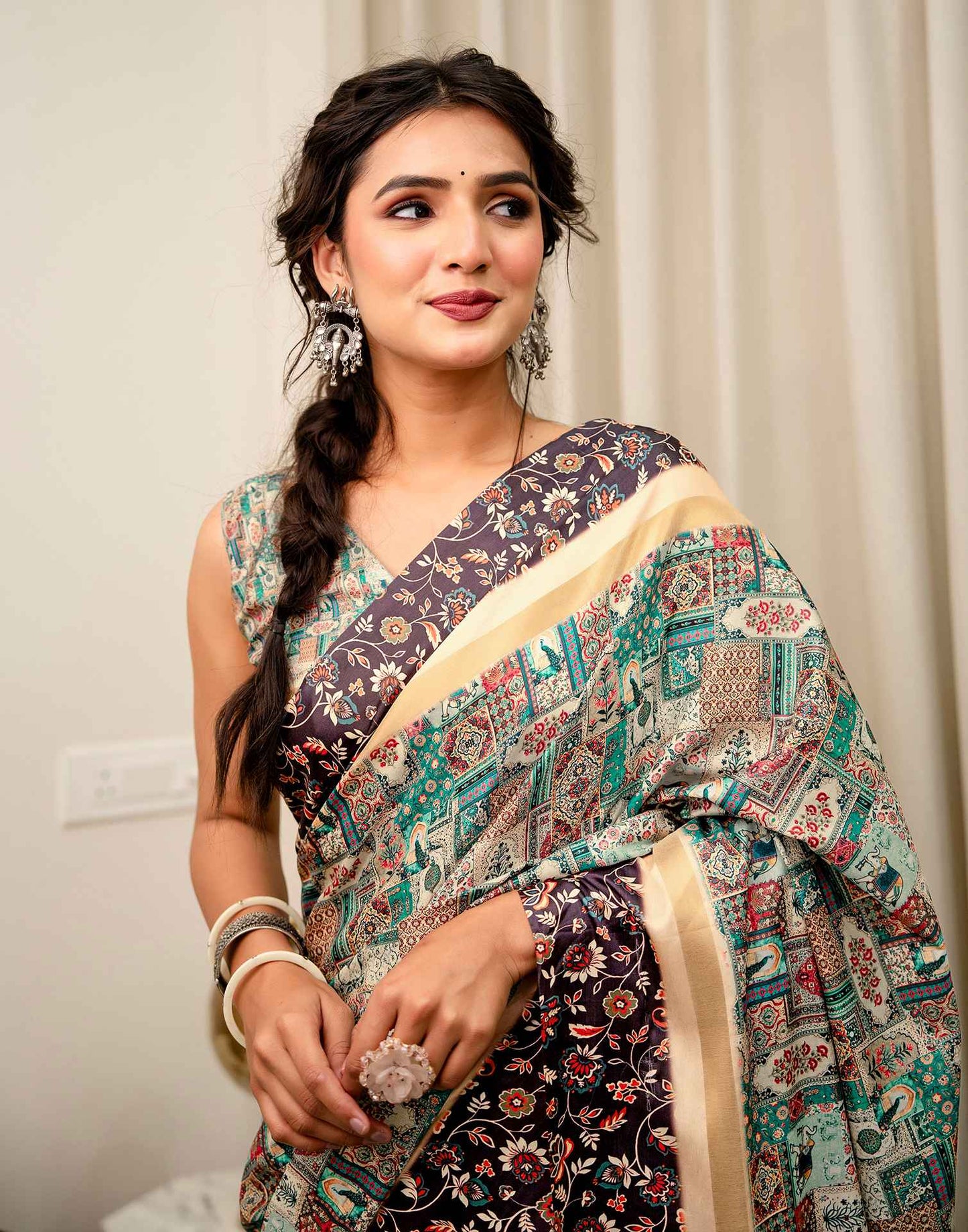 Multicoloured Silk Kalamkari Printed Saree